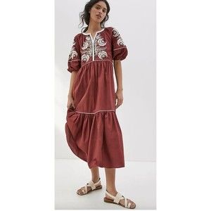 Anthropologie Gretel Embroidered Maxi Dress Peasant XSP Cabernet Red Perfect